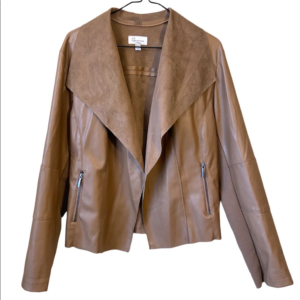 BROWN FAUX, DRAPE FRONT LEATHER JACKET, SIZE US XL